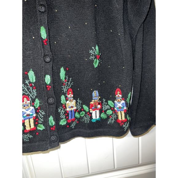 Vintage BP Design Size Large Knit Cardigan Womens Black Drummer Boy Embroidered - Picture 3 of 5